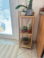 Front view of three-tier gold rattan wicker plant stand