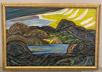 Full view of framed acrylic landscape painting