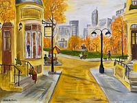Full view of acrylic cityscape painting on canvas, signed Chris DeCombe, 36x24