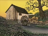 Close-up of serigraph image showing watermill, wheel, flowers, artist signature
