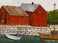 Close view of left side of painting showing red barns, dock, boat on water