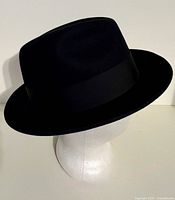 Black wool felt fedora side angle on mannequin head