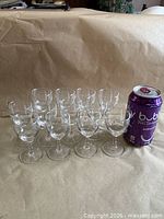 All twelve cordial stem glasses displayed upright