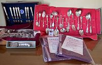 Overall lot showing Reed & Barton chest, red roll with flatware, Prill cake server box, Nakens chest, sealed Oneida bags