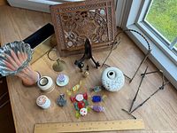 Overview of lot showing vases, stands, trinket boxes, brass items, glass candies