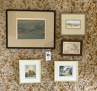 Five framed watercolor paintings laid out together