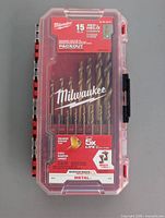 Front of sealed Milwaukee 15-piece Red Helix drill bit set in clear case