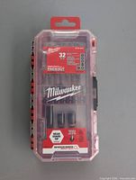 Front view of sealed Milwaukee Shockwave 32-piece bit set in Packout case