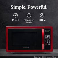 Front view marketing image showing red Farberware microwave with 1.1 cu ft, 10 power levels, 1000 W