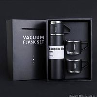 Black flask set in gift box showing flask and two cups