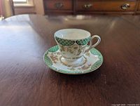 Teacup on saucer showing pattern and trim