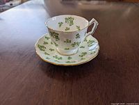 Teacup on saucer showing pattern and gold trim