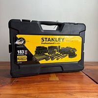 Front of sealed Stanley Professional Grade 183-piece socket set case