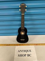Front view of black Everjoys soprano ukulele upright