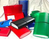 Assorted red, green, blue, black polypropylene expanding file folders displayed on fabric backdrop