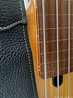 Close-up of bass neck and leather strap