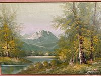 Full view of framed landscape oil painting