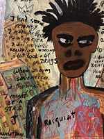 Close view of painting upper half showing portrait, text, dripped paint