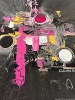 Angled close-up of upper and central sections with textured brushwork and pink, yellow, silver details