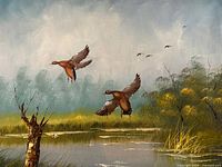 Full view of painting showing entire landscape scene with two ducks in flight