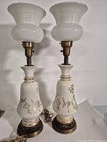 full view of both matching lamps showing shades, bodies, bases and cords