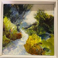 Full view of framed painting showing abstract landscape imagery and frame