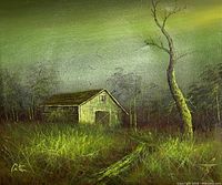 Full view of painting showing barn, field, leaning tree, green sky, signature visible