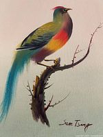 Full view of signed oil painting featuring colorful bird on branch
