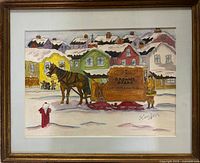 Full view of framed watercolor showing village scene with horse and sled