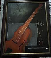 Front view of framed violin oil painting