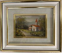 Full view of framed oil landscape painting with layered frame
