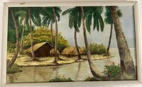 full view of framed tropical oil painting