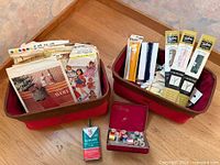 overview of two bins showing patterns, packaged zippers, trims and thread case