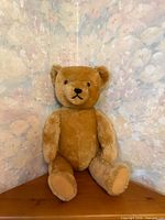 Front view of light brown plush teddy bear sitting in corner