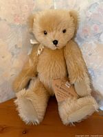Full view of tan mohair teddy bear with tag and ribbon