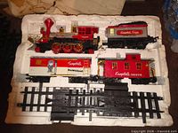 Locomotive, tender, boxcar, caboose and track sections in styrofoam insert