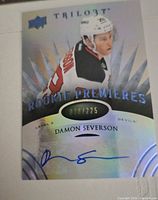 Front of Damon Severson Trilogy Rookie Premieres Level 2 autographed card showing serial number and autograph