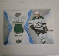 Front of Jamie Benn Frozen Fabrics card showing fabric patch and player image