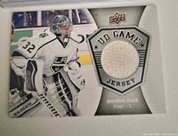 Front of Upper Deck Jonathan Quick UD Game Jersey card showing player image and jersey swatch