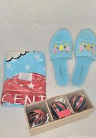 Entire lot: Scentsy towel, Snoozies slippers, boxed decorative spheres