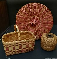 Group shot showing all three baskets: round sewing basket, rectangular carrying basket, cylindrical yarn holder