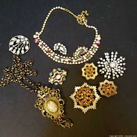 Group shot showing entire selection of brooches, necklace, earrings and pendant