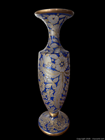 Full view of cobalt blue gilt and enamel floral vase