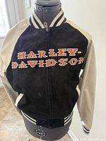 Front view showing embroidered HARLEY-DAVIDSON text, black canvas body, natural sleeves, striped collar and waistband