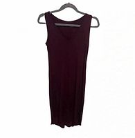 Front view of burgundy sleeveless dress on hanger