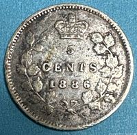 Reverse of 1886 Canadian 5 cent coin showing crown, wreath, denomination, date