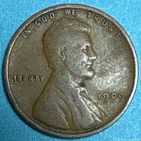 Obverse of 1909 Lincoln Wheat cent displaying date and LIBERTY