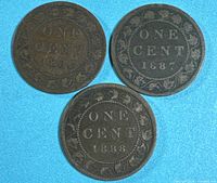 Reverse of three Canadian large cents showing ONE CENT and dates 1886, 1887, 1888