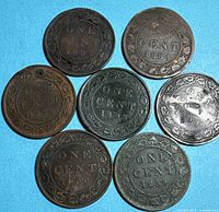Obverse side of all seven large cents showing dates and condition