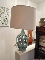 Full view of lamp with shade on side table